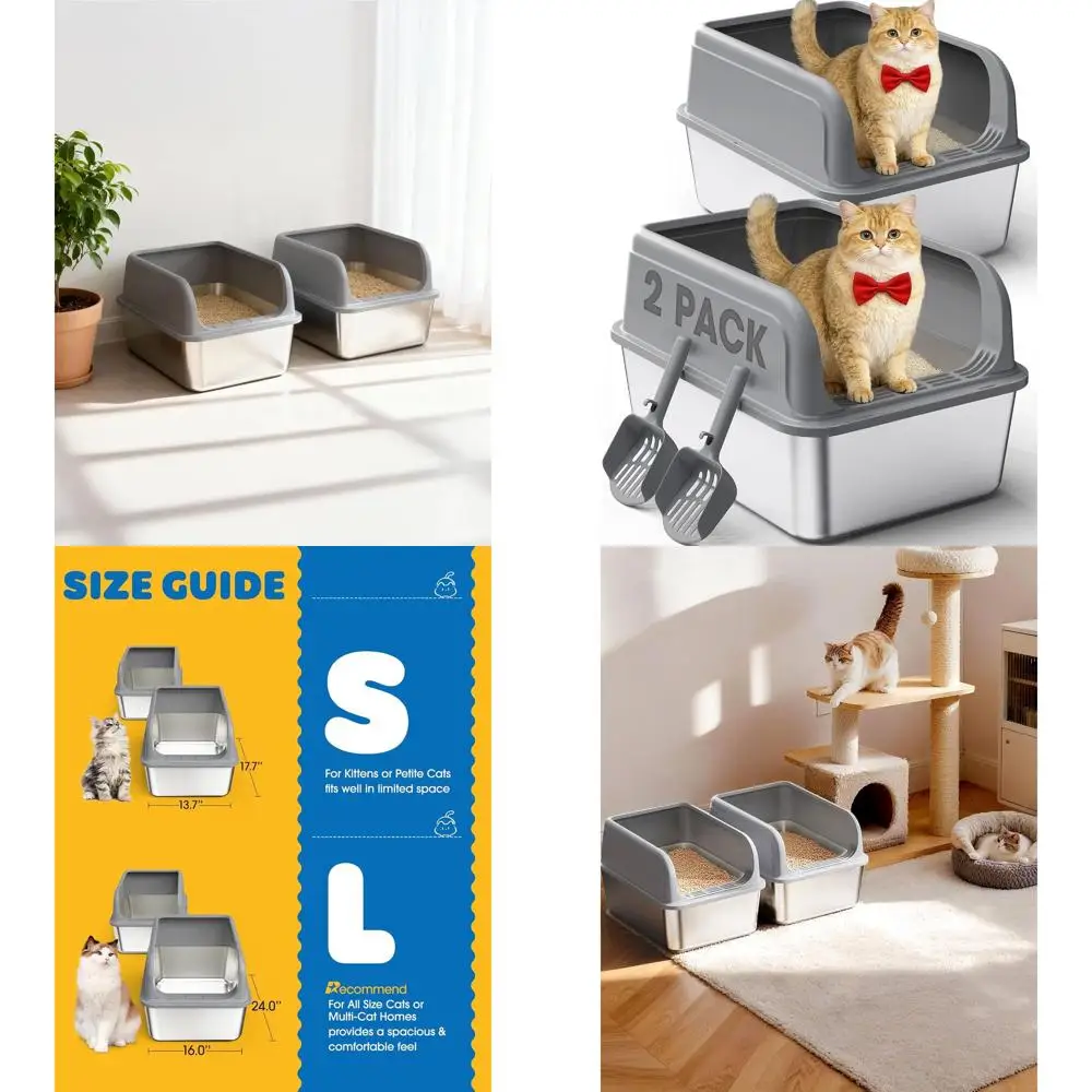 

Двойной ящик для кошачьего туалета из нержавеющей стали с лопаткой, антипригарным покрытием и легко чистится, герметичный корпус, большой, серый