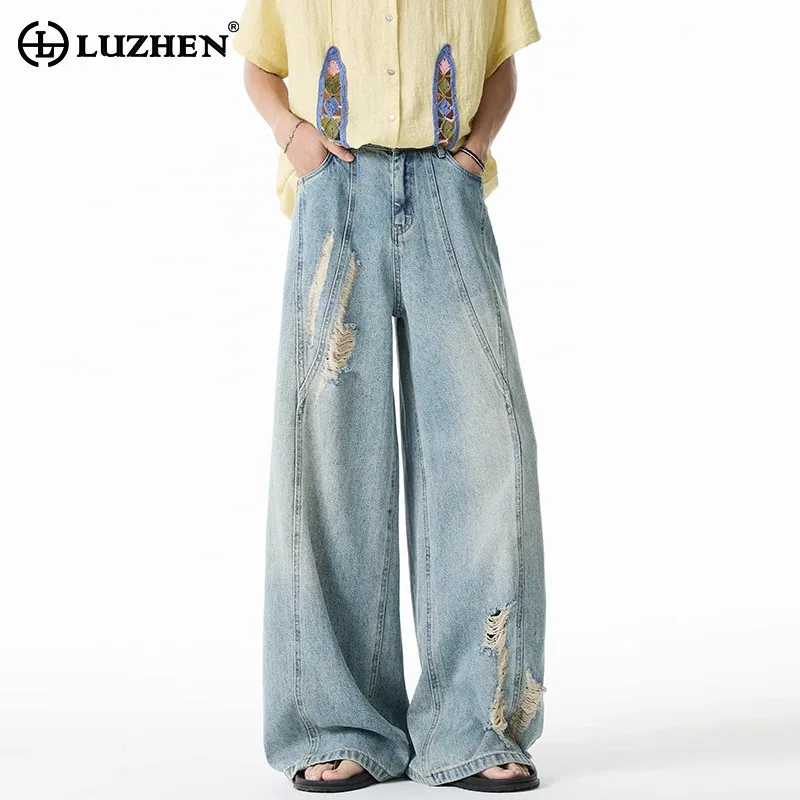 

LUZHEN Wornout Broken Hole Design Loose Wide Leg Denim Pants Men's 2025 New Streetwear High Quality Casual Straight Jeans JY3462