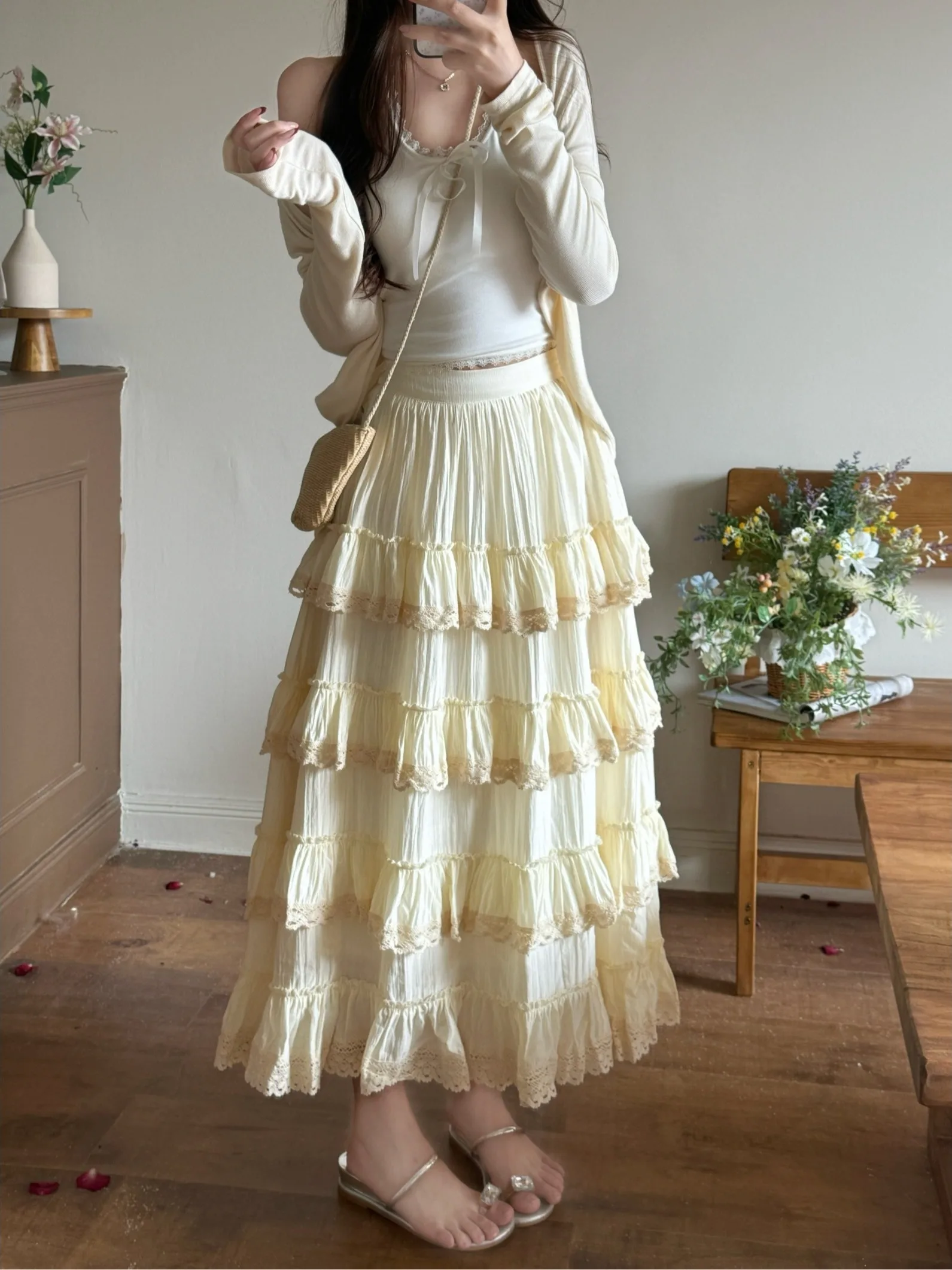 

plus Size Women's Gentle Style Half-length Skirt High Waist Loose Slimming Design Summer New Cake Long Skirt Floral Lace