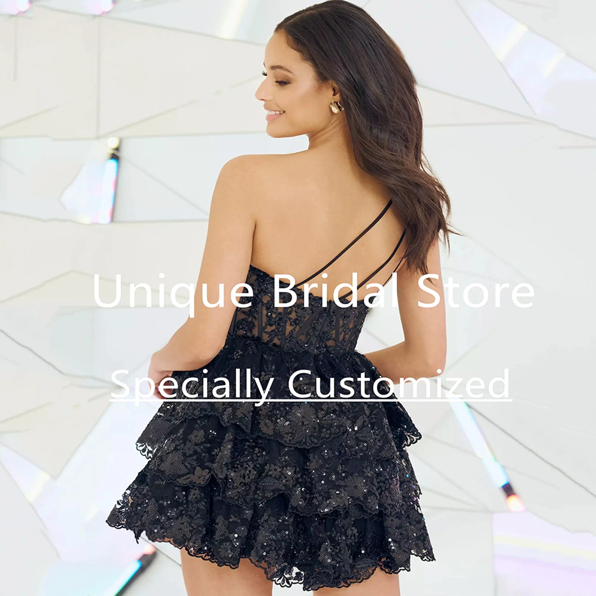 فساتين كوكتيل مسائية كلاسيكية مخصصة، زينة جميلة على شكل حرف A، حزام كتف واحد بدون أكمام، ظهر مفتوح، حفلة قصيرة Pr #2