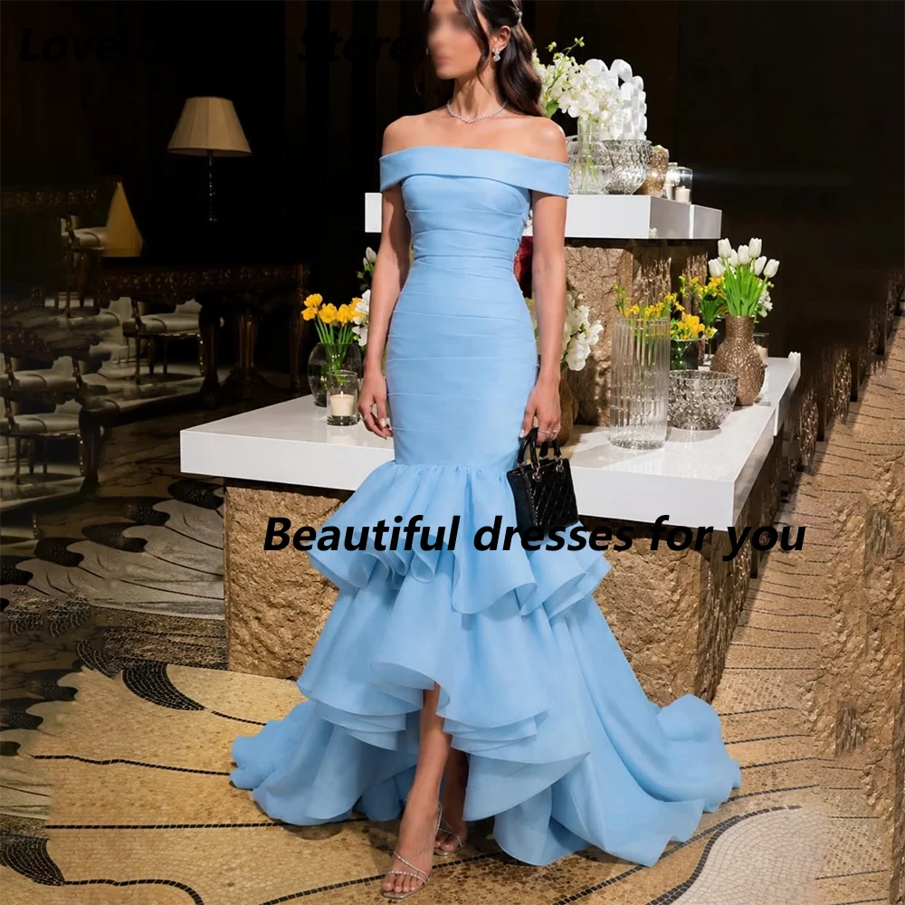 Light Blue Off The Shoulder Prom Dresses Customized Boat Neck Mermaid Pleat Tiered Floor Length Party Gown Wedding Party Dress