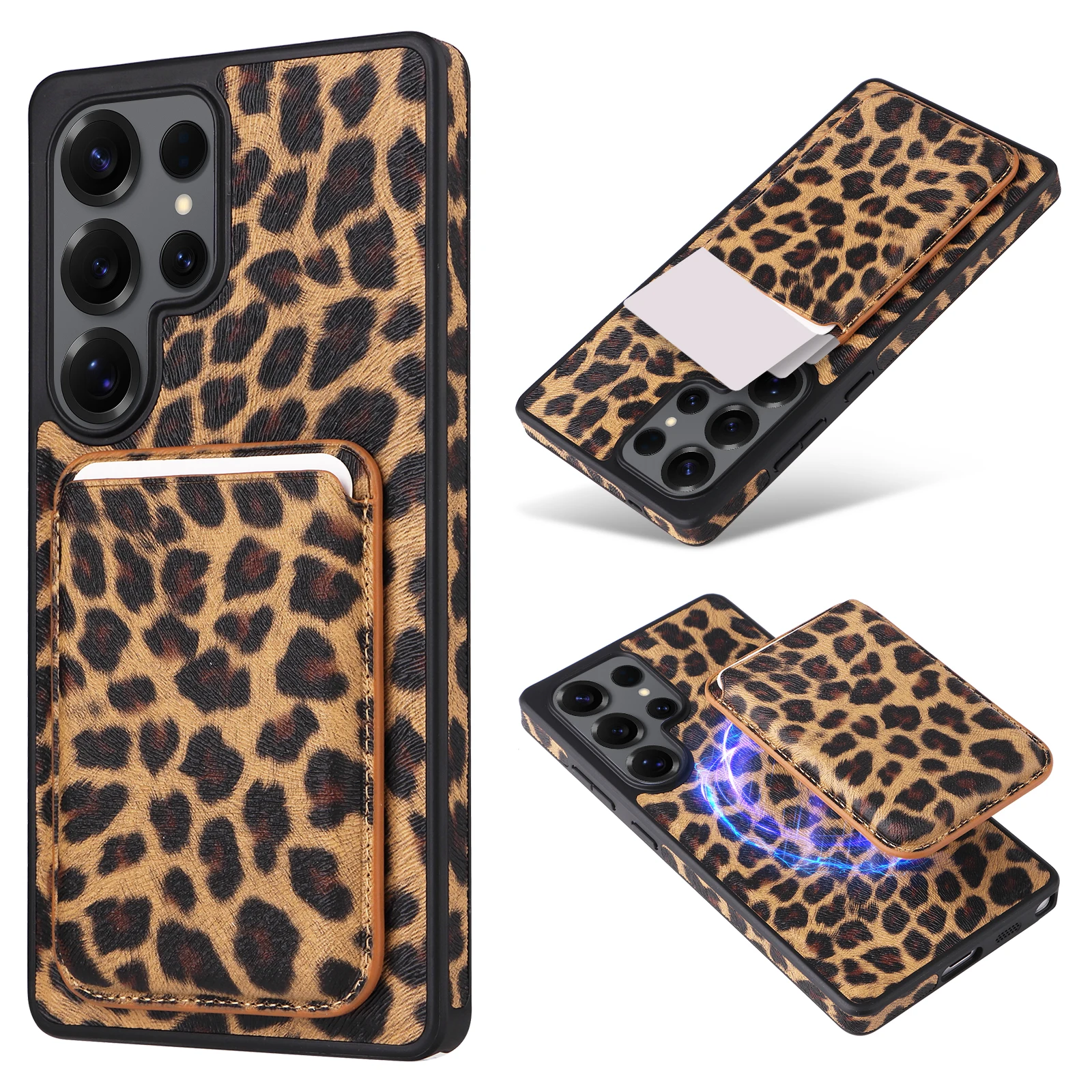 

Case for Samsung Galaxy S25Ultra/S24Ultra/S23Ultra/S25Plus/S25 Leopard Print Business Minimalist Magsafe Card Holder Wallet Case