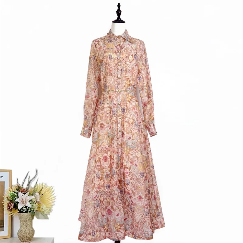 Ele Lange bedrukte Dr-staande kraag enkele knop Retro bloemen Street Sle midden taille fluwelen stof Thiened Long Sve