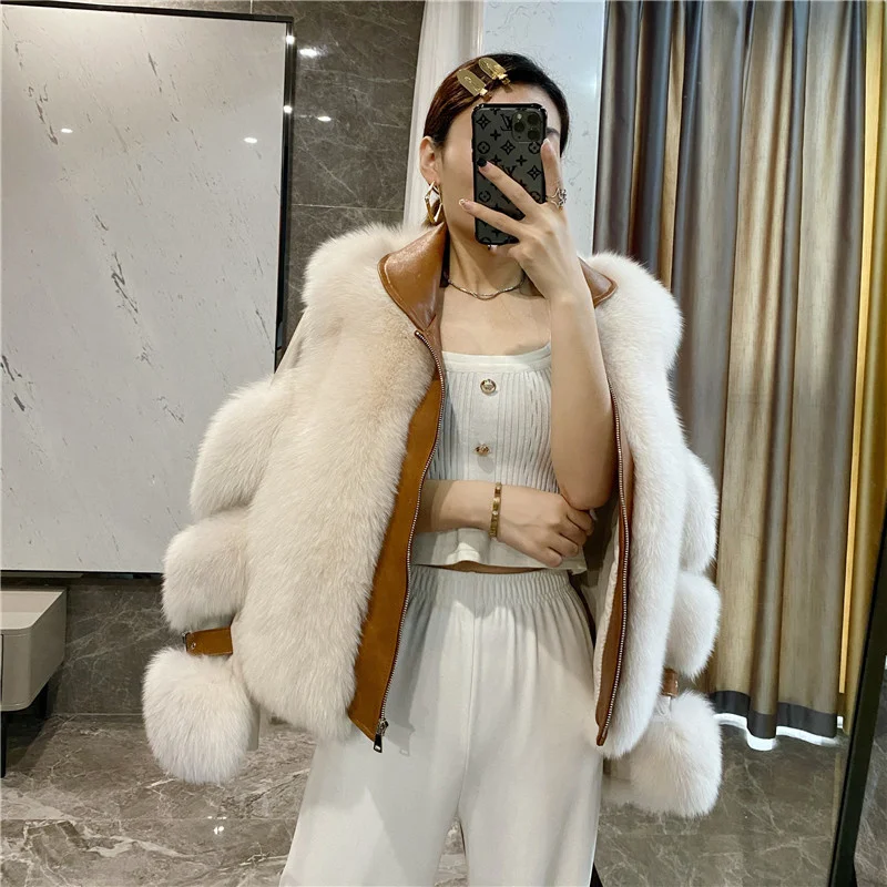 

Women Coat Real Winter Fur Jacket Real Fox 2023 New Fashion Genuine Sheepskin Patchwork Fox Fur Coats for Women Warm Streetwear