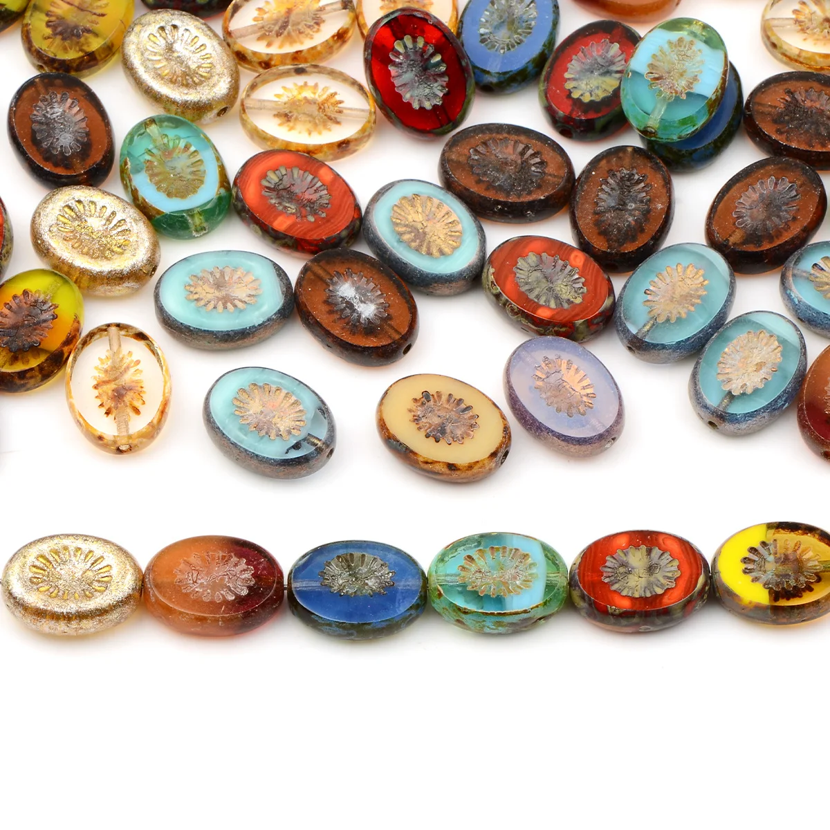 4/9pcs Random Color Oval Sunflower Pattern Glass Beads 10*14mm Loose Beads For Bracelet Jewelry DIY Craft Making