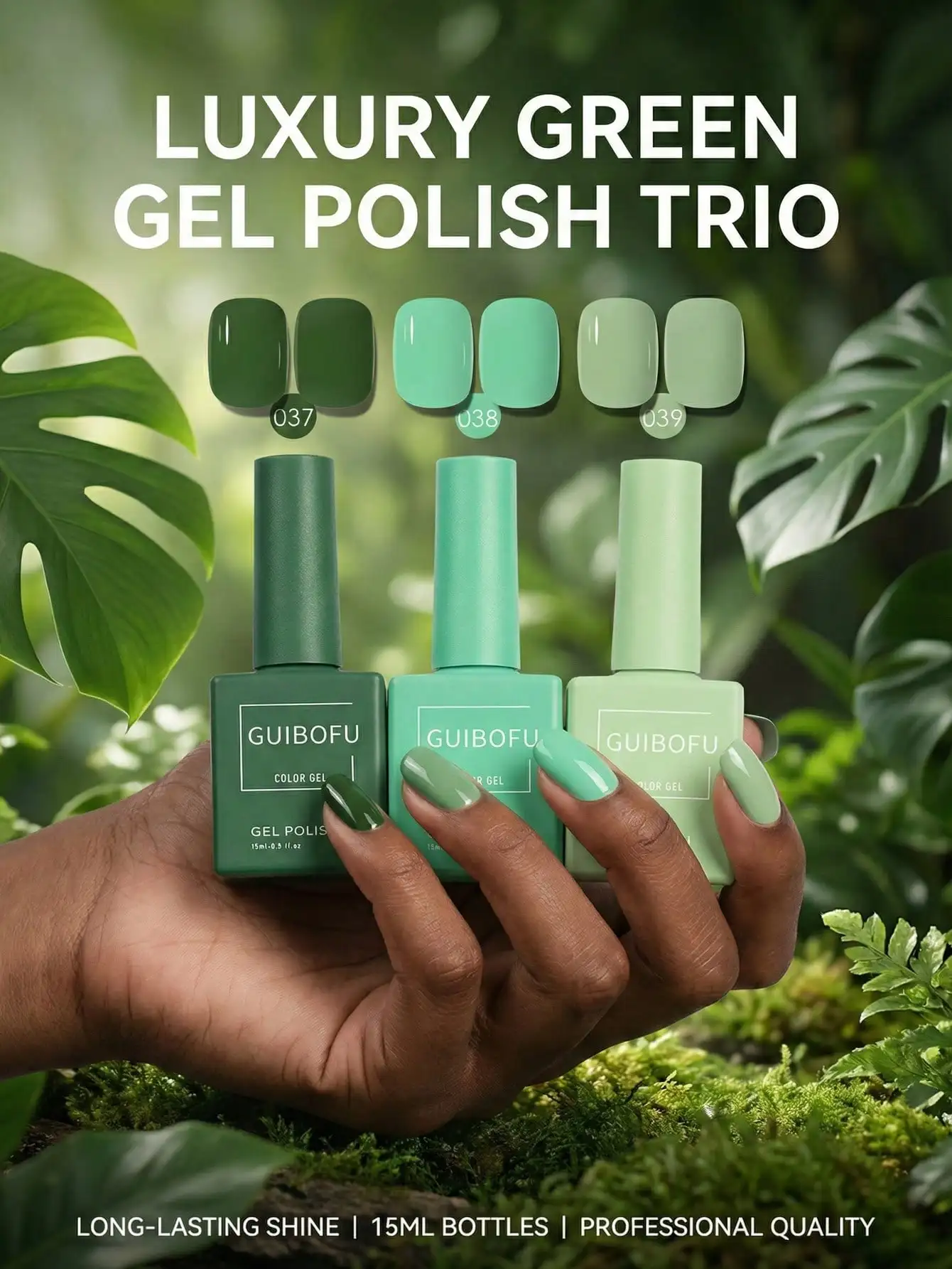Conjunto com 3 Unidades de Esmalte em Gel Verde Floresta 15ml, Cor Verde Esmeralda Escuro, Arte de Unhas com Tema Primaveril, Esmalte em Gel UV LED Removível