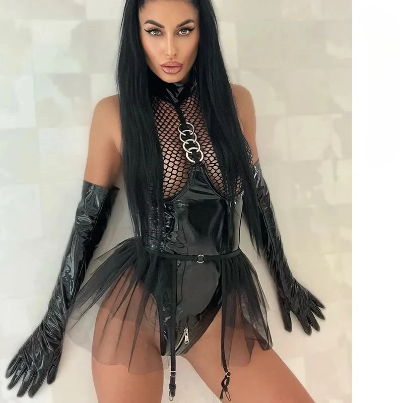 

Porn Fishing Net Latex Bodysuit Ruffle Garters Holder Sexy Costume 2-Piece Sissy Zipper Open Crotch Leather Body