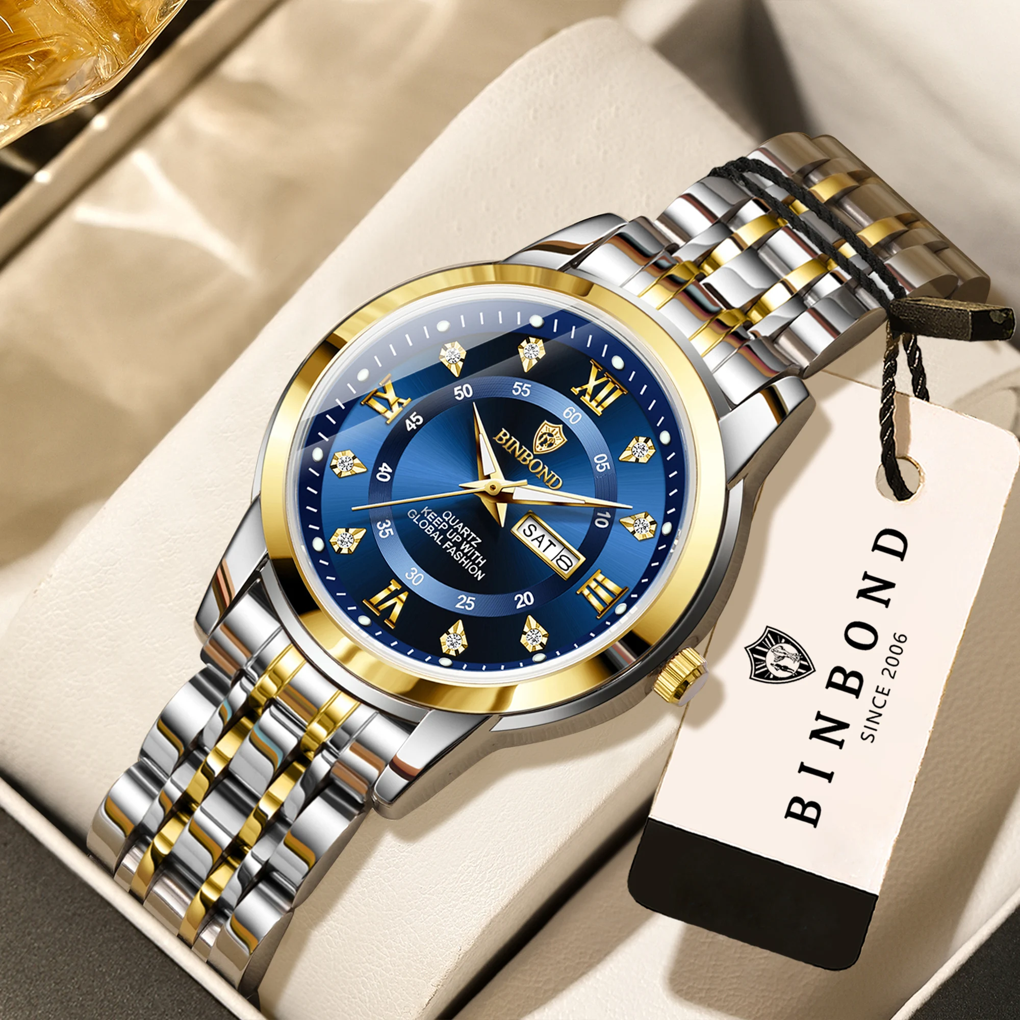 BINBOND Luxury Women's Quartz Movement Wristwatch Auto Date Week Display Elegant Dress Watch for Ladies