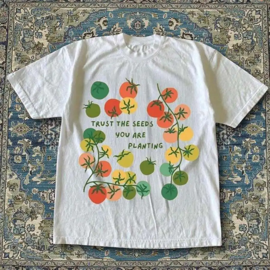 Cottagecore Garden Daily T‑Shirt Retro Colorful Tomato Vine Inspirational Quote Graphic Crew Neck Short Sleeve Casual Tee Top