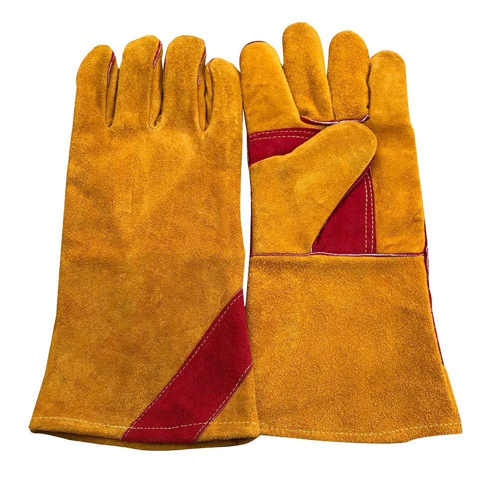 1Pair Fireproof Bbq Gloves Thick Cowhide 14 Inches Long Heat Resistant Anti-Slip for Welding Oven Grill Fireplace Stove