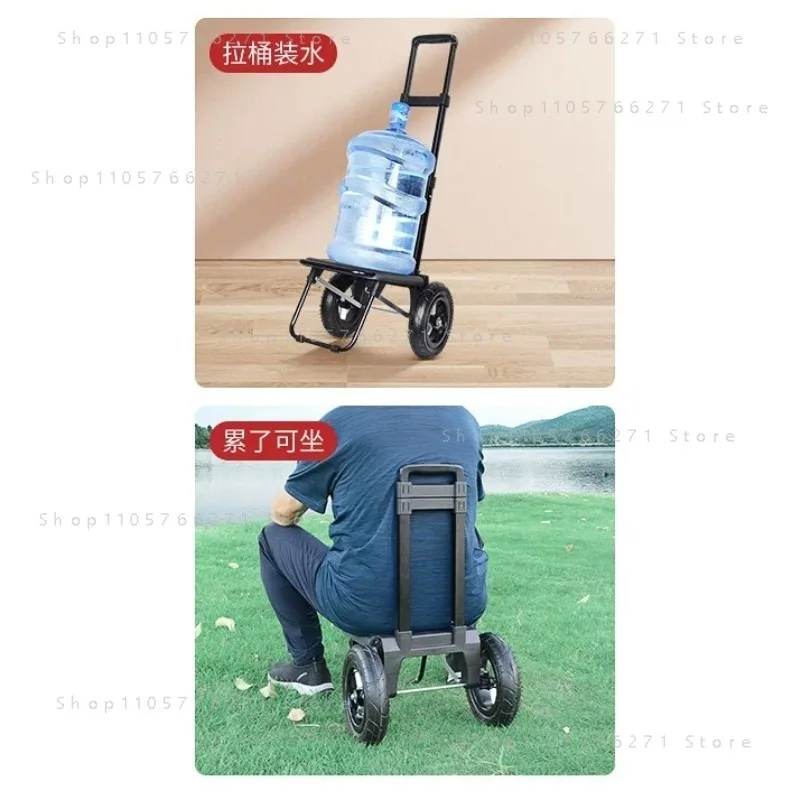 Trailer Folding Small Cart Household Shopping Grocery Small Cart Pulling Goods Pull Rod Cart for Outdoor Large Wheeled Handcart