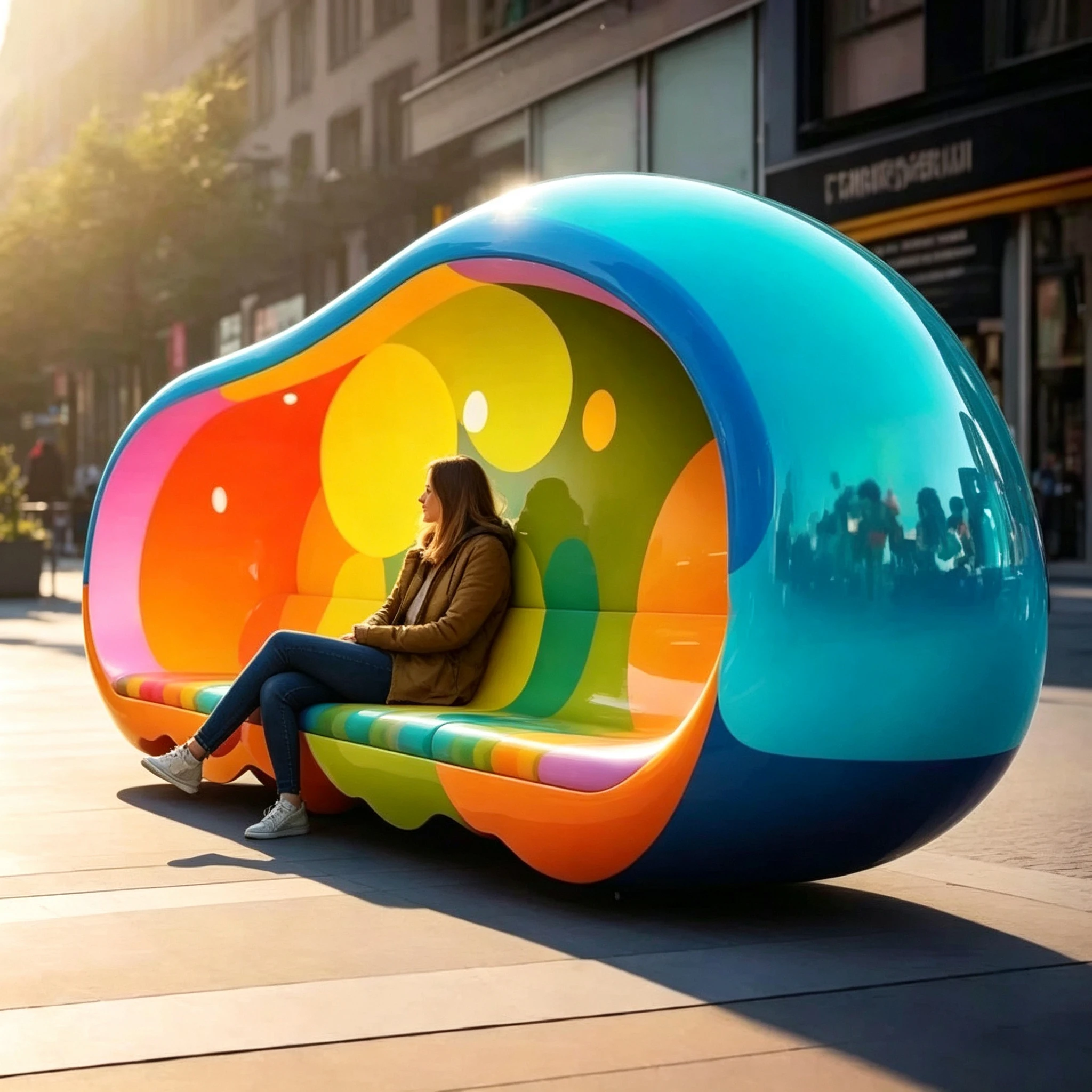 s*-Rainbow Gradient Egg-Shaped Outdoor Sofa Fiberglass Structure Commercial Public Seating for Mall Plaza