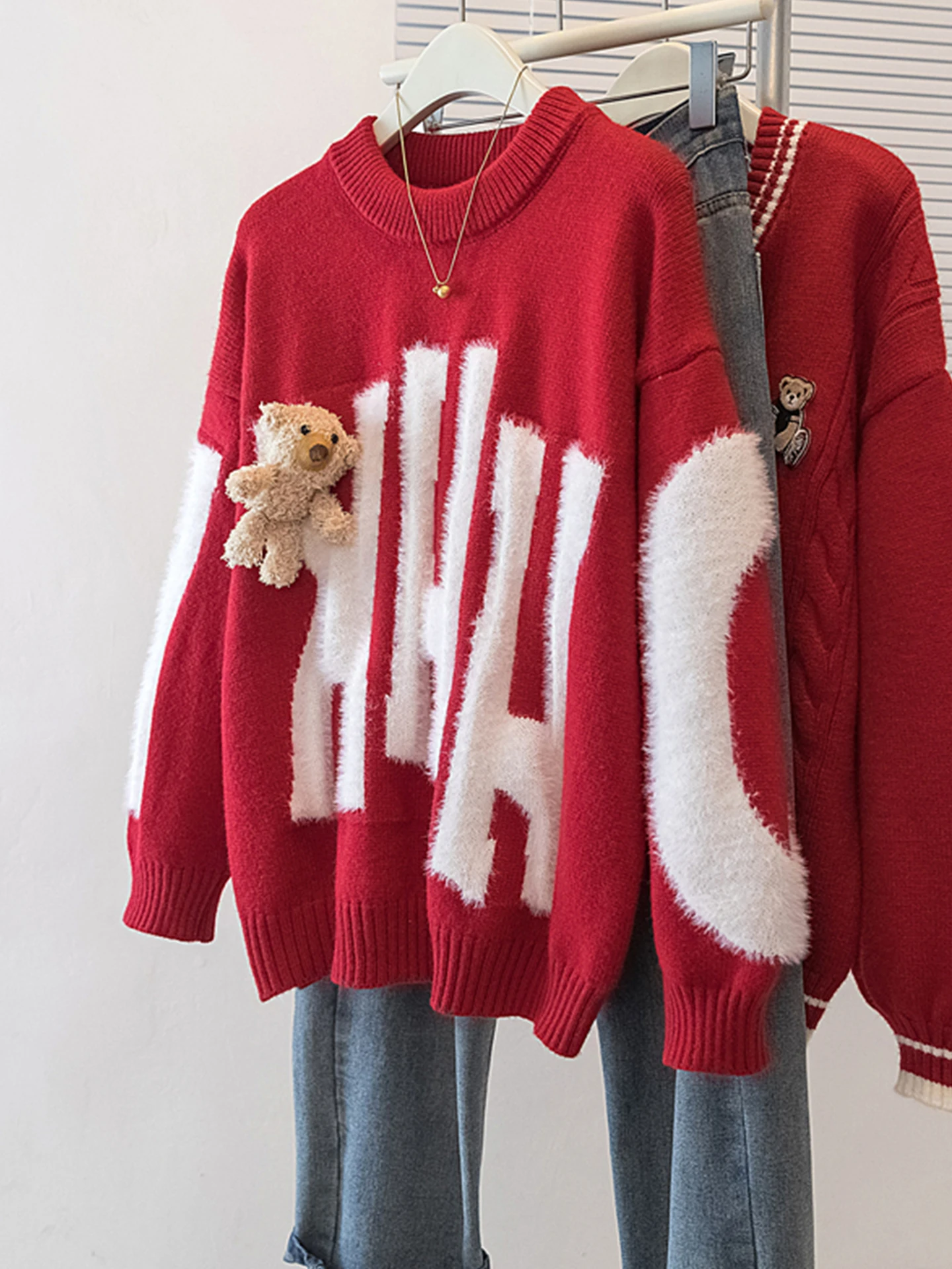 

Loose Oversized Red Knitted Sweater Women's Autumn Winter Thiened Outerwear Bear Letter Print Long Sve round Ne Top