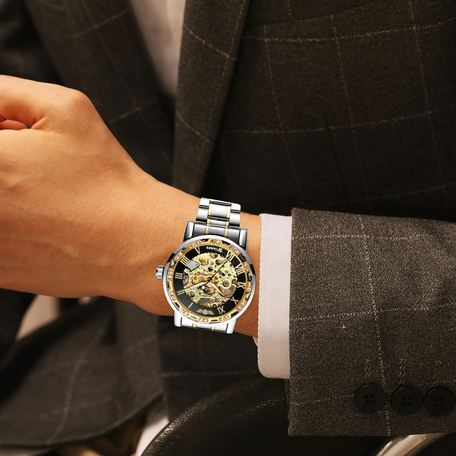 T-WINNER موضة ساعات رجالي عادية الهيكل العظمي الميكانيكية النقش الفاخرة حجر الراين مؤشرات مضيئة رجل الأعمال ساعات المعصم