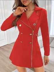 Women's Solid Color Suede Dress Fashion Trendy Long Sleeve Lapel Double Breasted Zipper Mini Dresses Elegant Commuting Vestidos