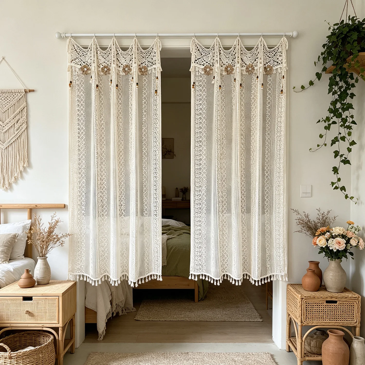Vintage Boho Crochet Hollow Lace Window Curtain with Tassel Fringe, 3D Floral Sheer Curtain for Living Room Bedroom Decor