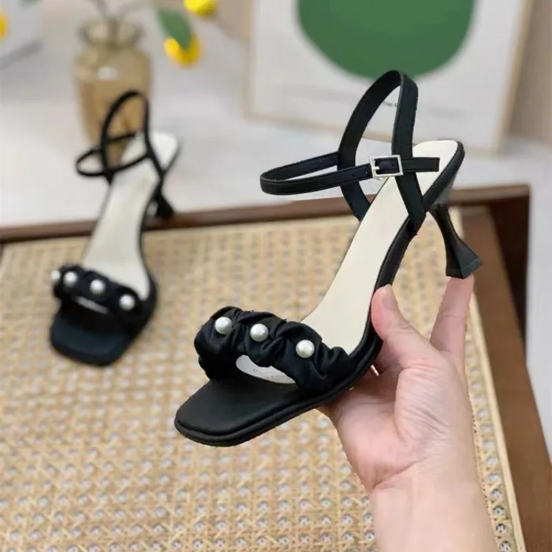 

Ladies Shoes Sandals Medium Heel Sweet Pearl Elegant Woman Heeled Luxury Party and Weddings Black in Promotion Lolita Trend 2025