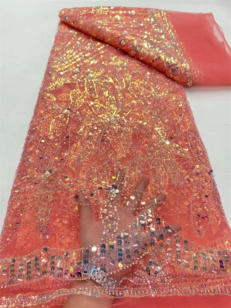 French Beaded Tulle Lace Fabric Fashion Feather Tail African Net Lace Fabrics With Sequins For Evening Material FD1152