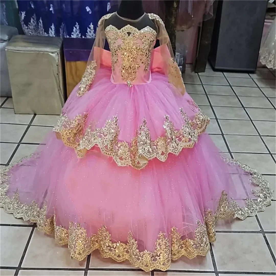 

Appliqué Long Sleeve Pageant Wedding Pink Flower Girl Dress Big Bow First Communion Birthday Prom Party Custom Kids Dress