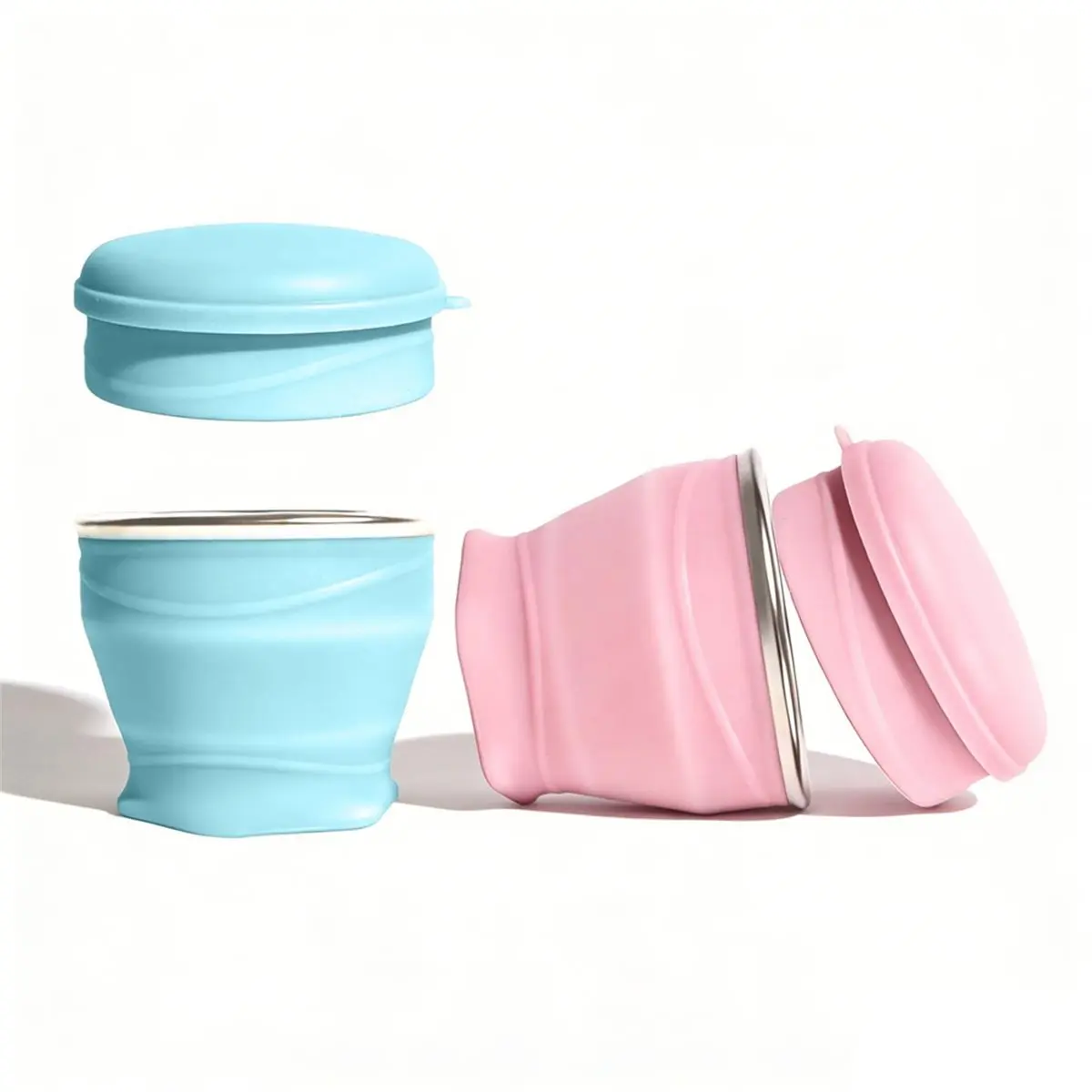 A1631K 6oz Silicone Travel Cups with Lids, 2-Pack Mini Folding Pocket Cup for Outdoor Camping Hiking Mouthwash (Blue & Pink) SUM
