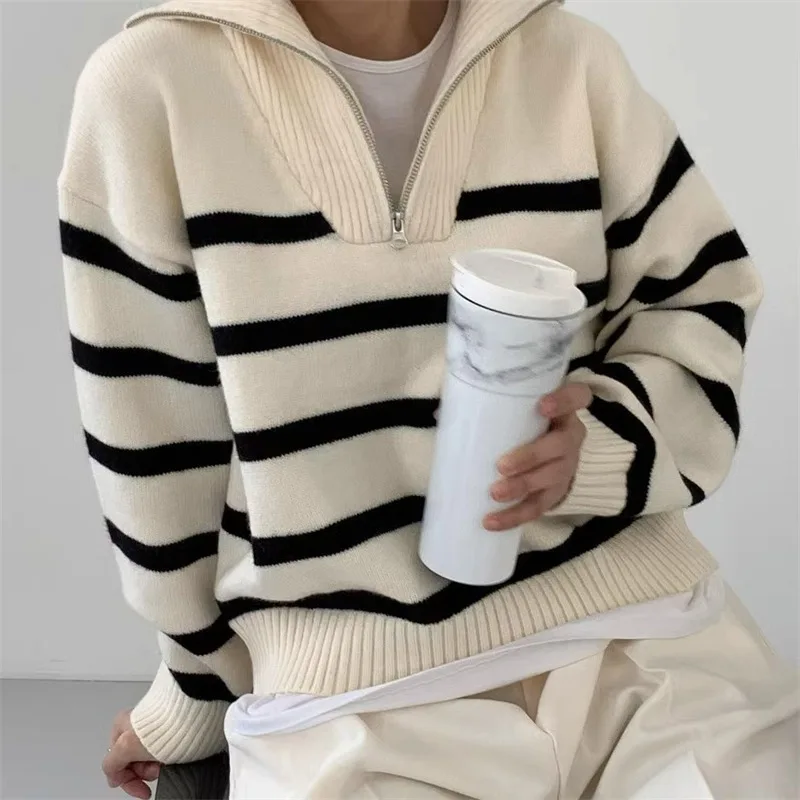 

2025 Knitted Striped Sweater Women's Autumn-Winter Elegant Lazy Style Collar Zip Knit Coat Women's Pullover Long-Sleeved Top