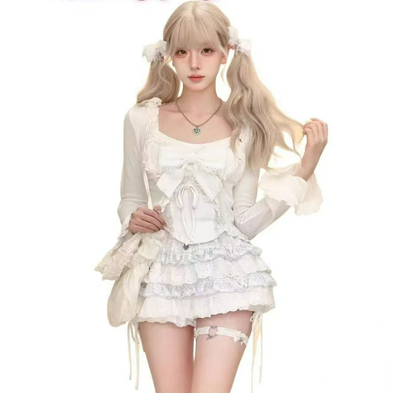 Japanese Sweet Lolita Style 3 Piece Sets Woman Cute Short Cardigan Bow Vest Y2k White Pleated Skirts Suit Gothic Kawaii Outfits