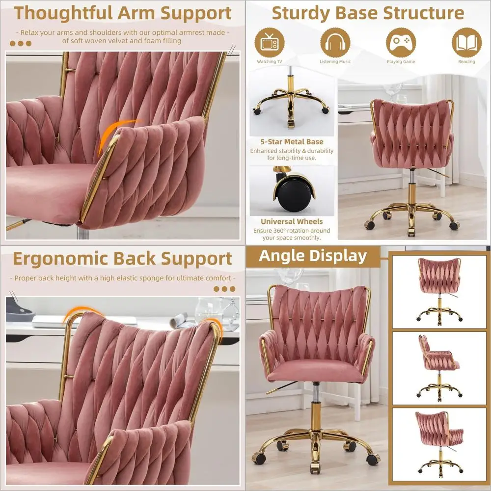 

Роскошное бархатное вращающееся кресло на колесиках, с регулируемой высотой, стеганой спинкой и подлокотниками, золотистое основание, цвет розово-красный, для женщин