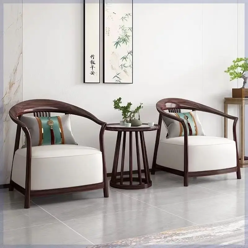 New Chinese style Taishi chair three-piece solid wood carving flower owner tea table Ganoderma lucidum chair living room