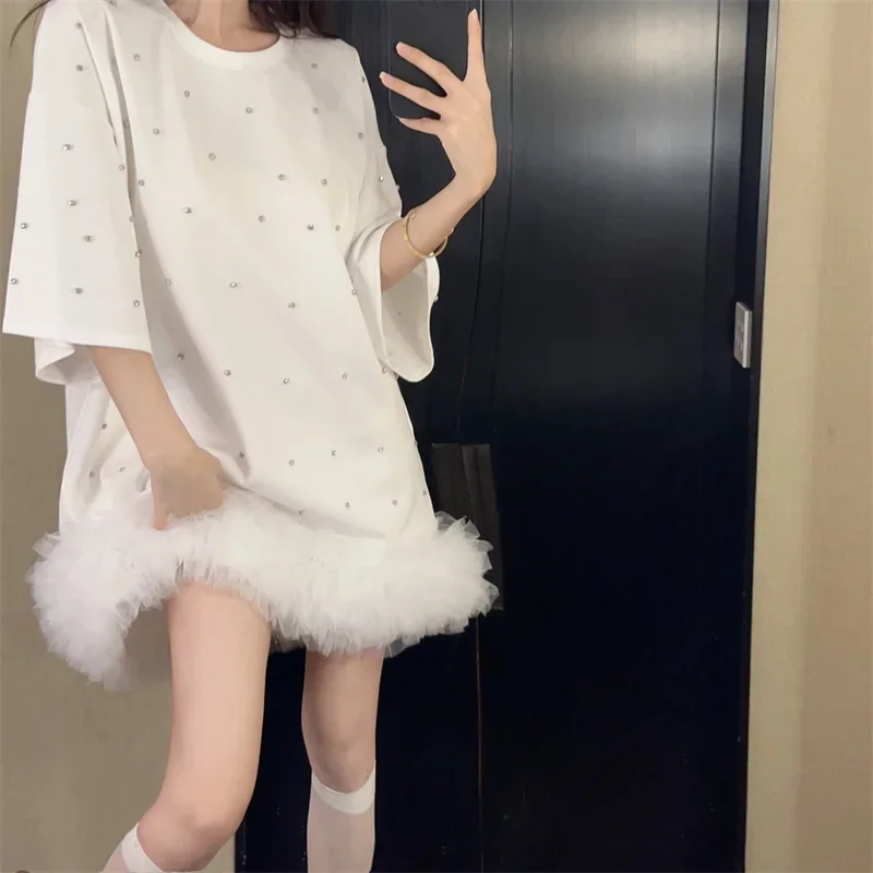 Luxury Women's T-shirts French Style Rhinestone Mesh Splicing Oversize Casual Pullovers High Street Sweatshirt 2024 Summer New