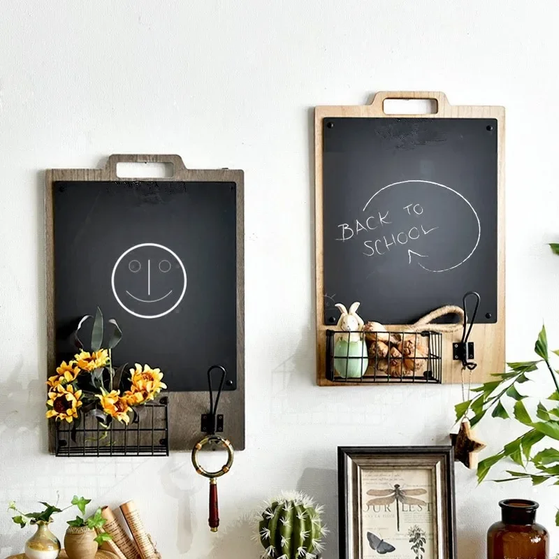 Simple rustic Nordic style restaurant wall decoration, message chalkboard, storage basket, door key holder, wall hanging