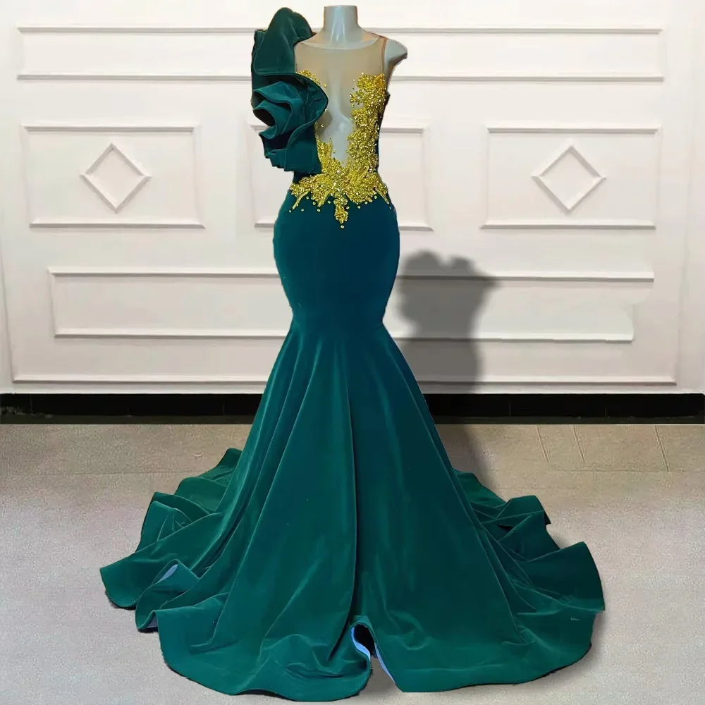 Dark Green Long Prom Dresses Black Girls Luxury Mermaid Gold Rhinestones Beads Ruffles Evening Gown Birthday Party Gala Dresses