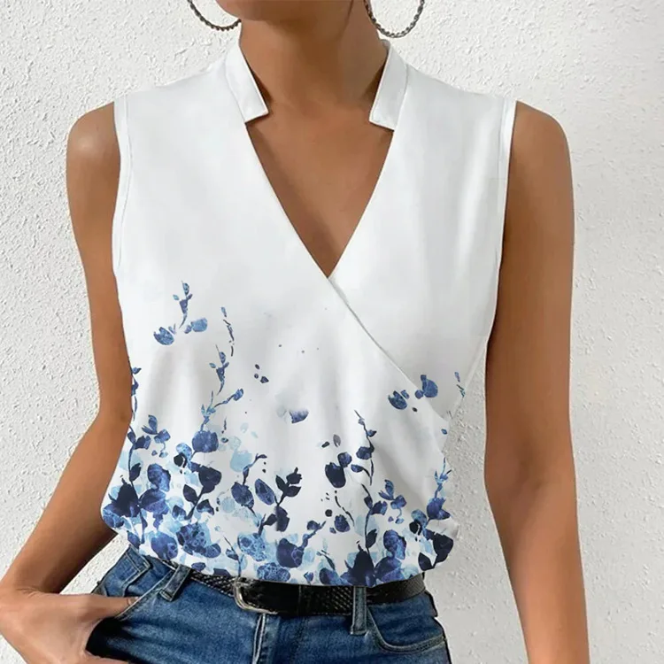 Fashion V-neck Sleeveless Floral Print Women Tops And Blouses 2023 Summer Casual Tank Top Femme Vintage Shirt Blouse