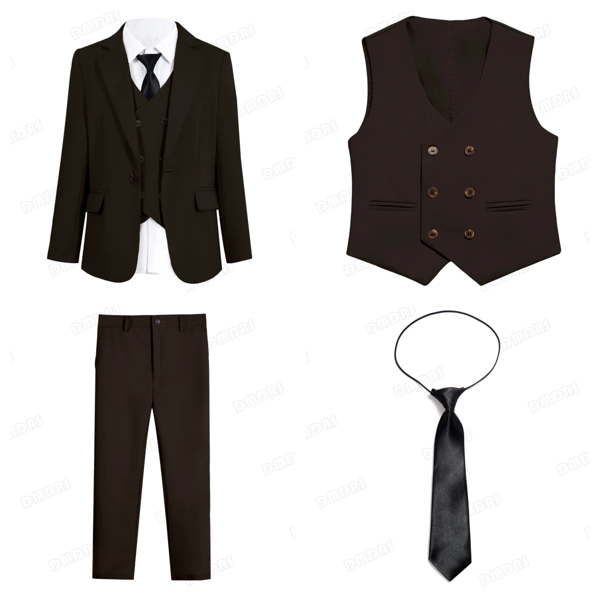 Handsome Boy\'s Formal Suit Set Solid Kids Piano Performance Tuxedo 4 Pieces Adjustable Waist Child Blazer Vest Pants Tie