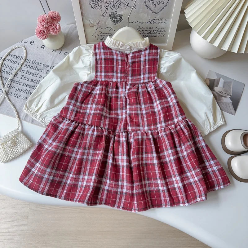 

Girls Spring and Autumn New Style Baby Girl Fashionable Plaid Vest Dress Lace Shirt Two-Piece Set