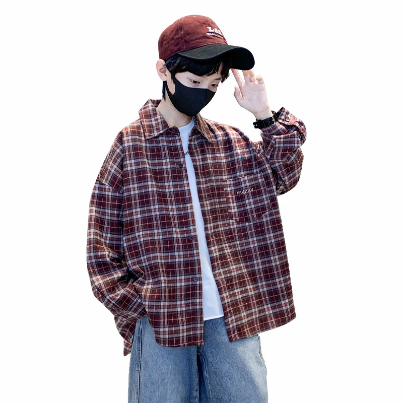 New Spring Child Cotton Long Sleeve Shirt for Boy Fashion High Street Outerwear Tops Teenage Kids Burgundy Plaid Blouse Age 5-14