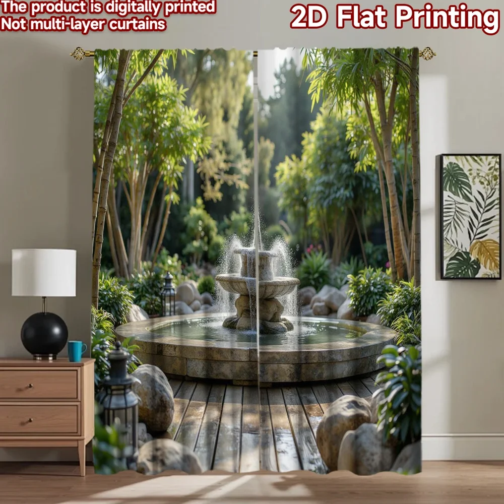 2D flat 2pcs Curtain Home Short Curtains Peaceful Garden Fountain Digitally printed polyester Festive Holiday for Holiday Family