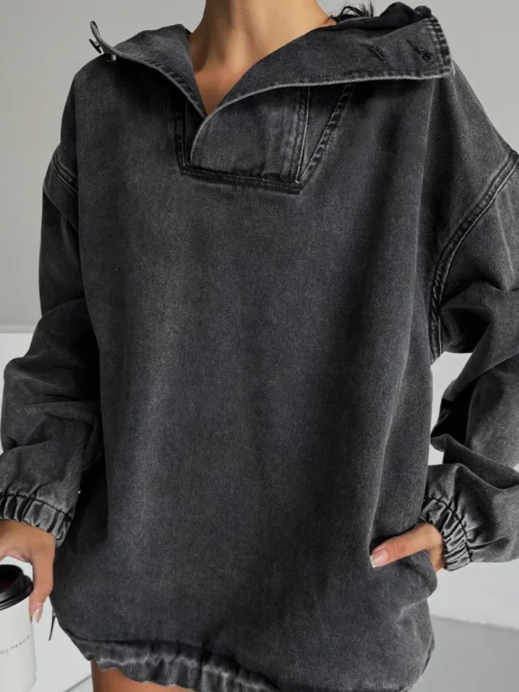 

Fashion Washed Denim Hoodie Women Casual Oversized Long-sleeve Half-zip Button Pullover 2026 Lady New Spring Autumn Street Wear