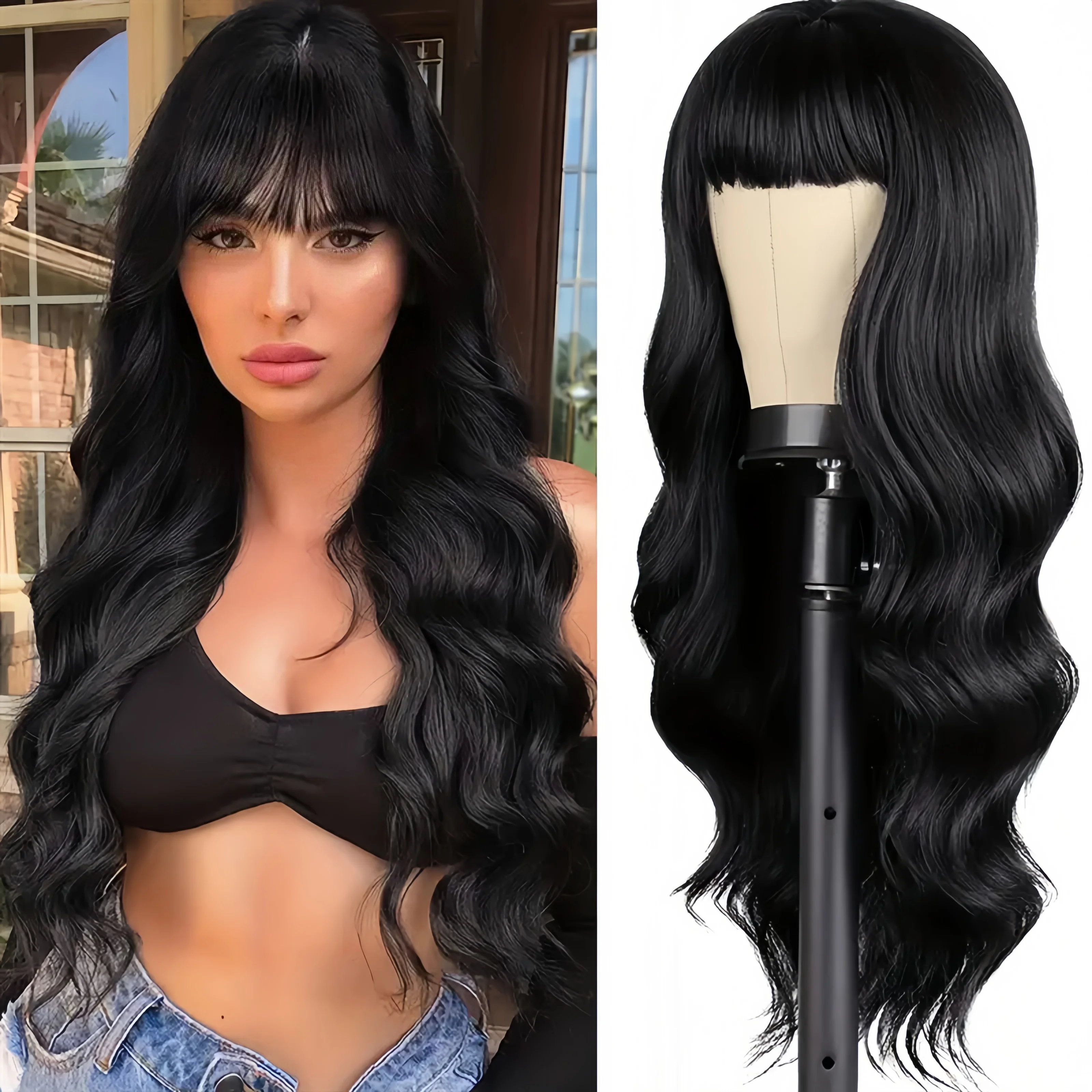 Popular synthetic wigs for women with bangs and long, shaggy curly hair Festival party daily wear chemical fiber head wig image 4