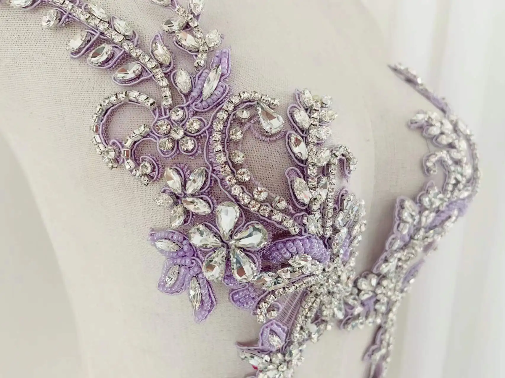 

1 Pair Purple Elegant Rhinestone French Bead Applique Diamond Bodice Patch for Wedding Dress,Couture,Corset,Dance Clothing