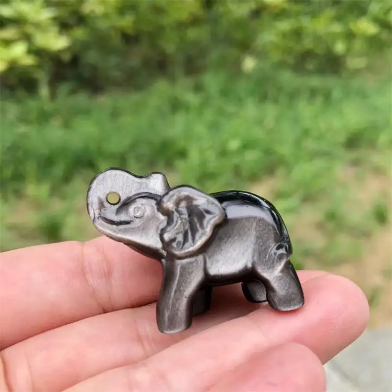 Natural Silver Obsidian Elephant Carving Polished Animal Powerful Statue For Home Decoration Holiday Gift 1pcs
