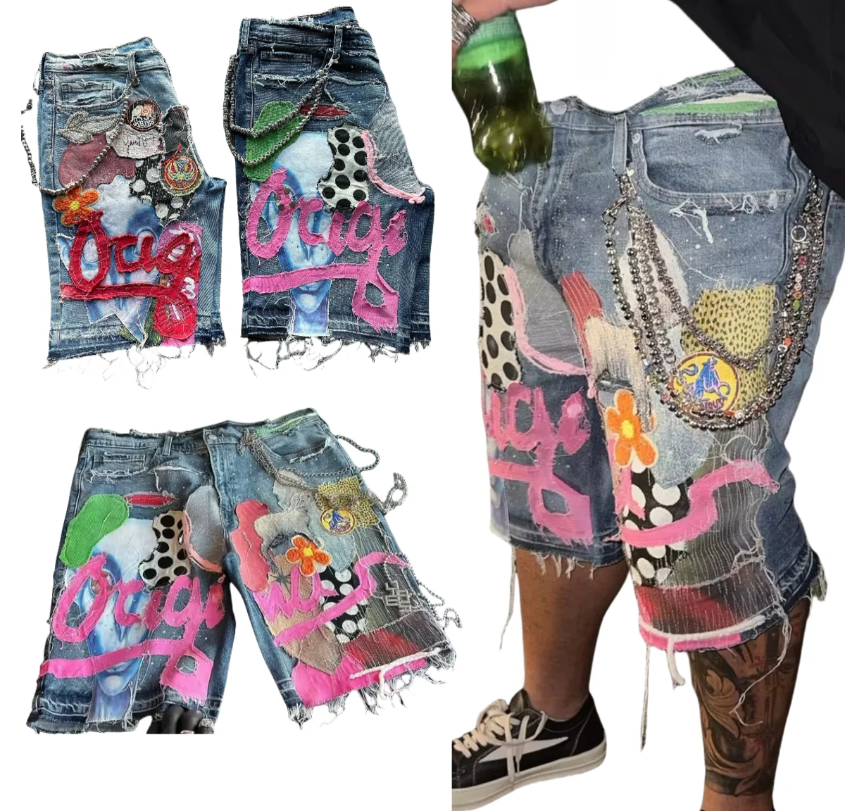 Gothic Punk Skull Letter Pattern Patchwork Shorts Men Y2k Streetwear Pants Hip Hop Fashion Denim Shorts Summer New Hot Sale