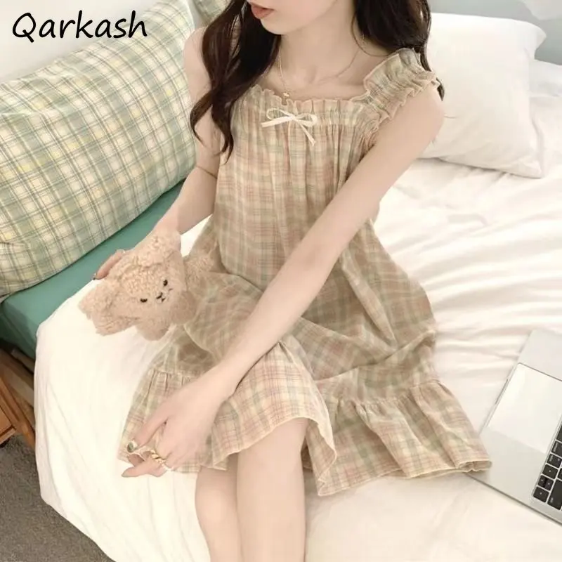 

Plaid Nightgowns Women Summer Loose Sleepwear Ruffles Sleeveless Home Tender Thin Princess All-match Girlish Students Ulzzang