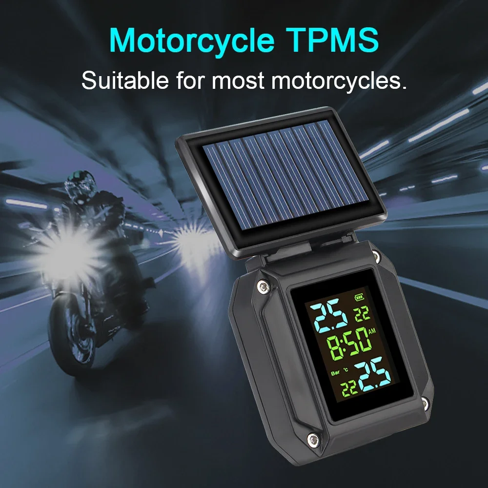 Solor USB Charge Tire Pressure Monitoring System Tyre Temperature Alarm 2 External Sensors Wireless Motorcycle TPMS LCD Display