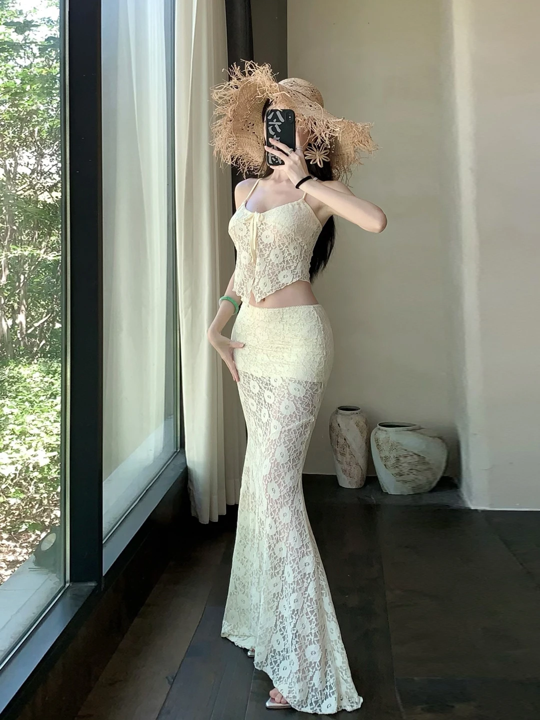 

Summer Beach Vaion Lace Top Women's Fi Tail Skirt Two Piece Set Island Sle Casual Faion Outfit ort Sve Zipper