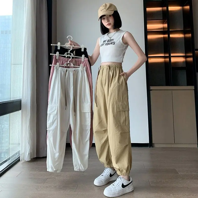 Amerikaanse stijl kaki met zakken elastische taille damesbroek effen outfits jaren 90 katoen G Trends 2025 originele broek voor dames