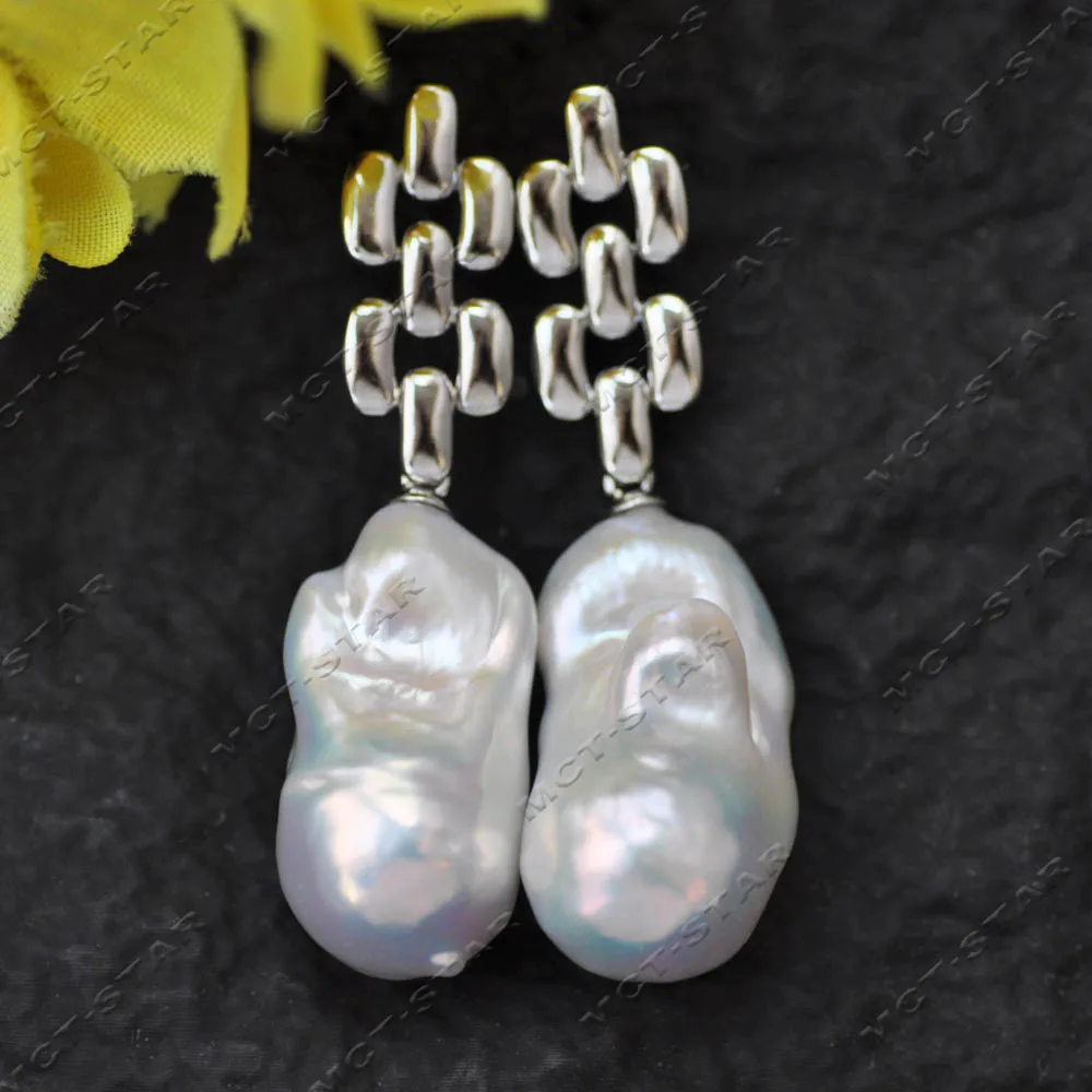 Z14070 Perfect 26mm Golden Chain White Baroque Reborn Keshi Pearl Dangle Earring Earrings 