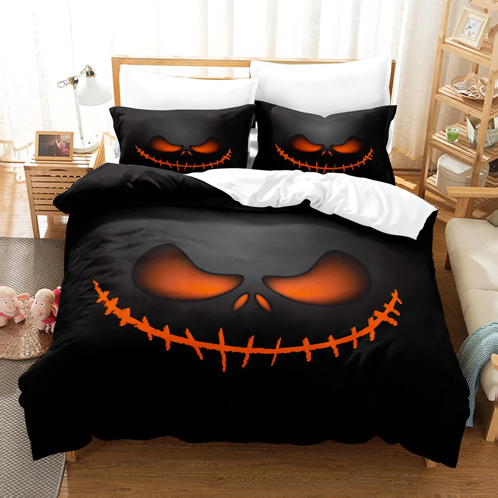 Halloween Bedding Set King/Queen Size Cartoon Pumpkin Lantern Castle and Bat Duvet Cover Dark Horror Night Polyester Quilt Cover