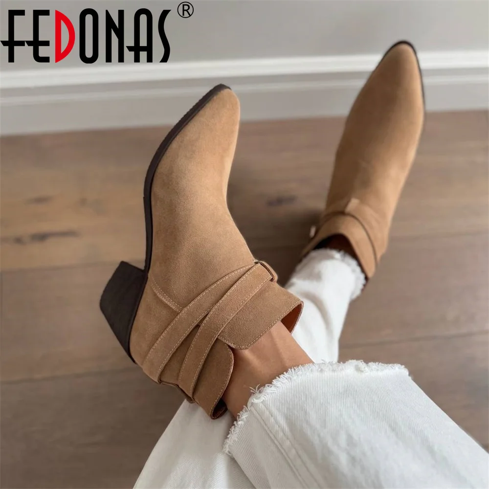 FEDONAS Women's Suede Western Ankle Boots with High Heels