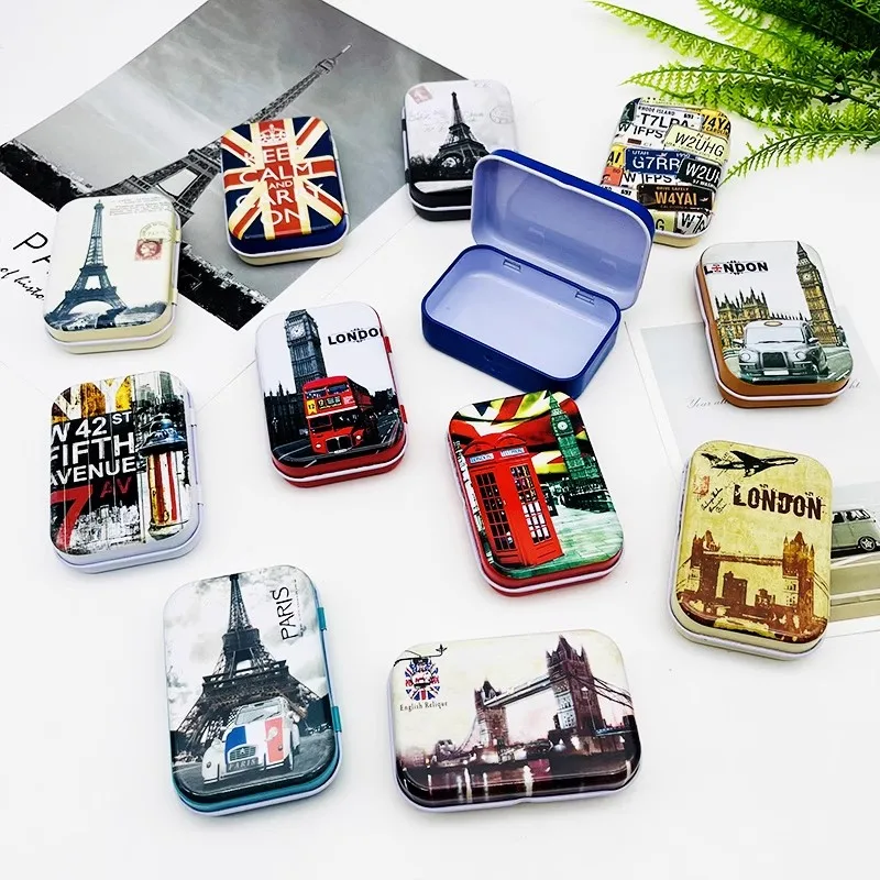 12 Pcs European Building Sign  Middle Size Cover Iron Tin Pencil Metal Case / Can/Pill Cute Small Kit/Candy Storage Gift Box