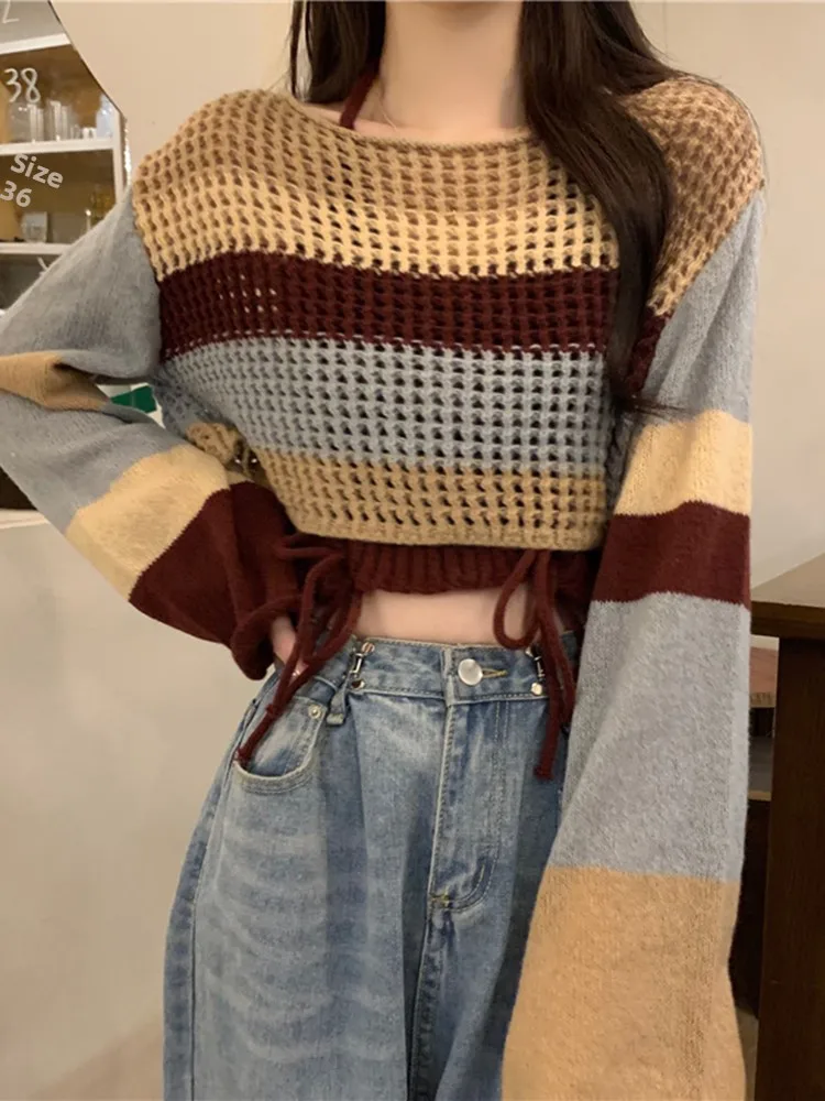 

Женский вязаный свитер с вырезами и коротким рукавом, дизайн с радужными полосками, комплект из двух предметов, модный топ